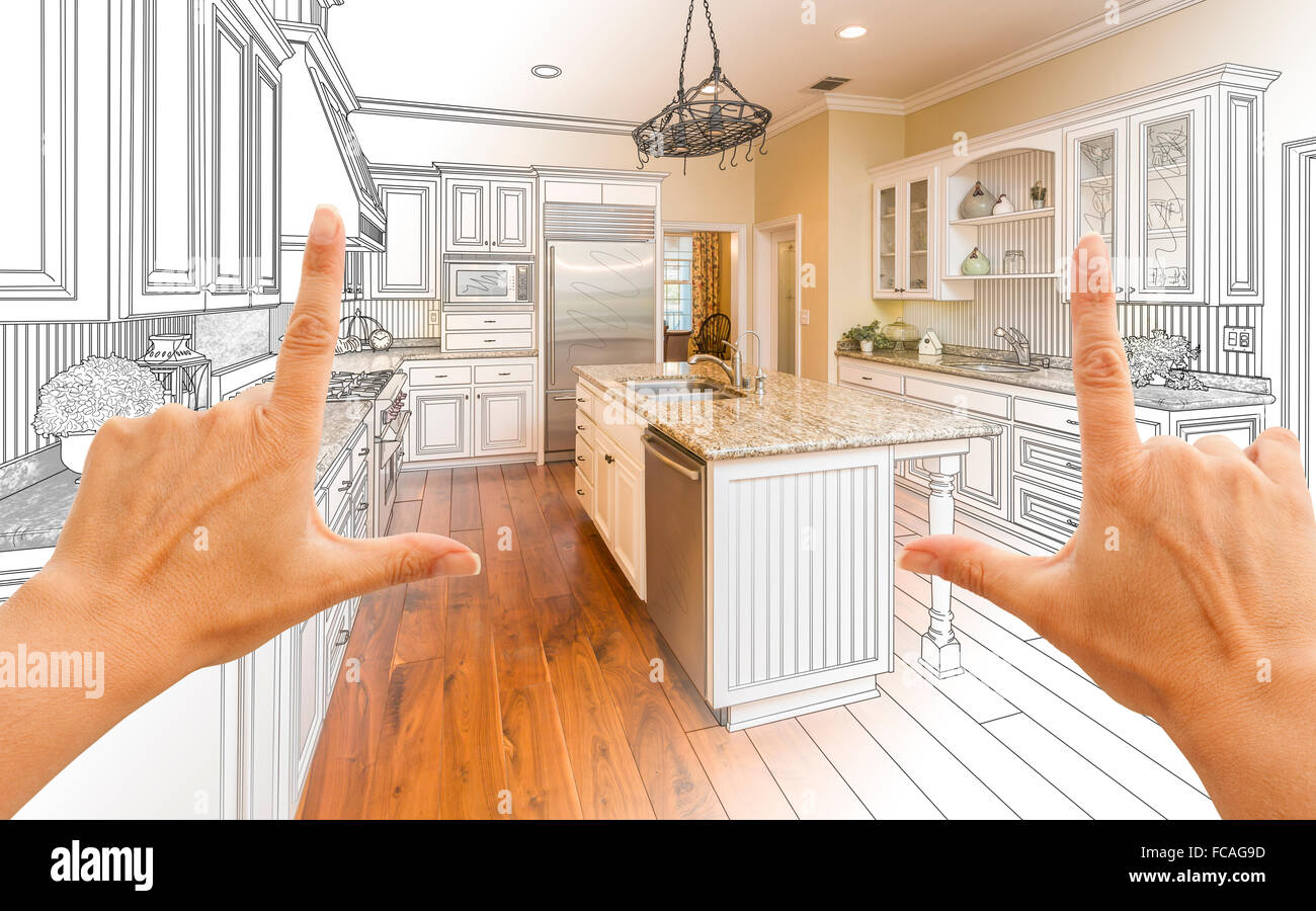 Mani femminili il framing graduate cucina personalizzata Disegno e Foto combinazione. Foto Stock