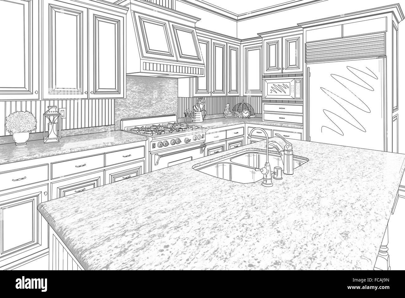 Bella cucina personalizzata Disegno in nero su bianco. Foto Stock