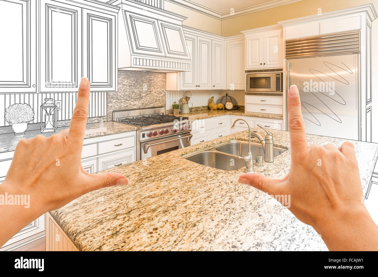 Mani femminili il framing graduate cucina personalizzata Disegno e Foto combinazione. Foto Stock