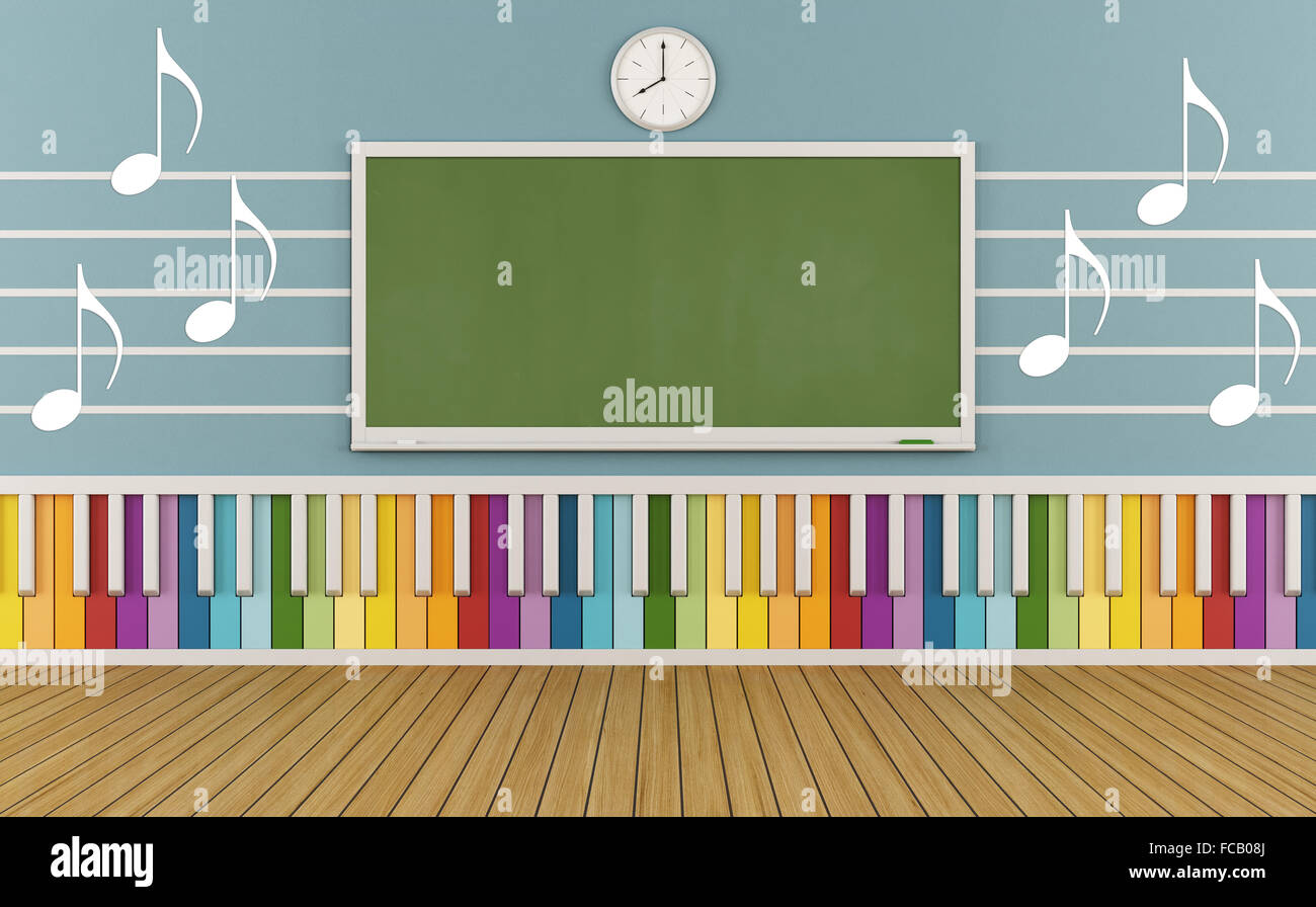Classe di una scuola di musica con tastiera colorata e note musicali sulla parete 3D Rendering Foto Stock