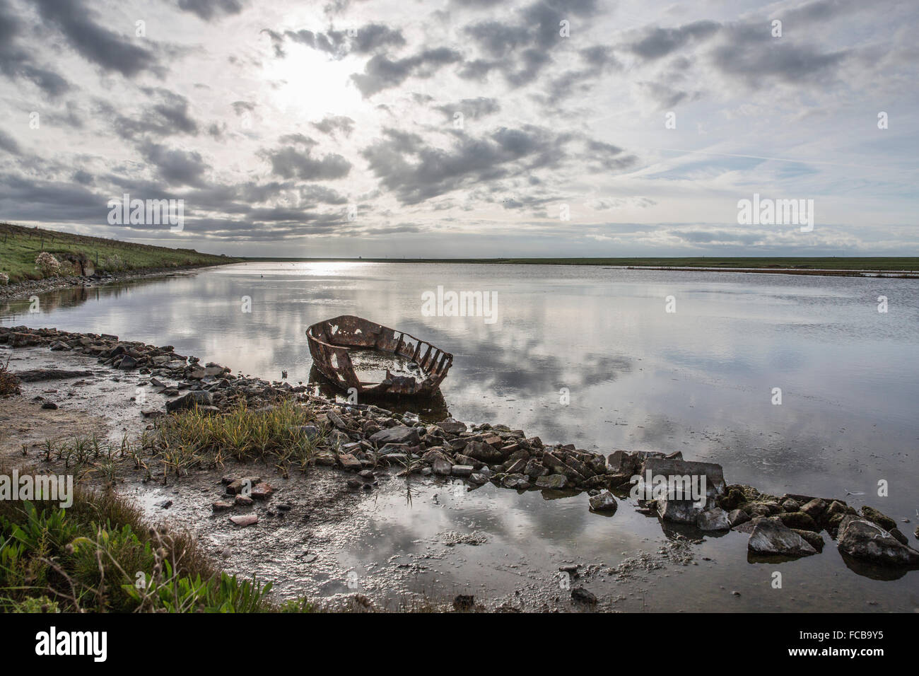 Paesi Bassi, Kerkwerve, riserva naturale Prunje, parte del Parco Nazionale di Oosterschelde. Relitto di una piccola imbarcazione. Foto Stock