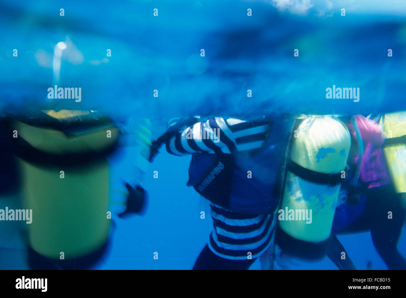 Repubblica di Palau, Vivere a bordo immersioni funzionamento, subacquei in acqua a lato della barca di gara. Foto Stock