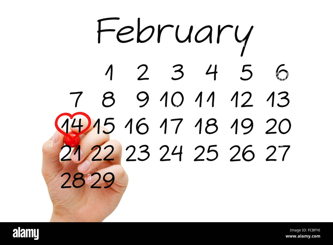 Disegno a mano sul cuore febbraio 14 sul calendario con contrassegno rosso sulla cancellazione trasparente stampato. Il giorno di San Valentino del concetto. Foto Stock