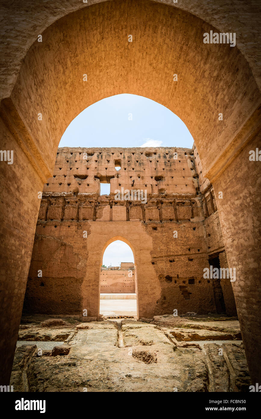 Porta del Palazzo El Badi, a Marrakesh. Il Marocco Foto Stock
