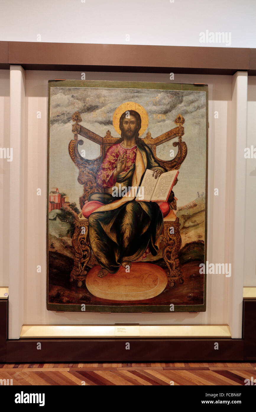 "Cristo in trono' icona russa arte nello Stato Federale di istituzione di cultura Novgorod membro United Museum di Novgorod, Russia. Foto Stock