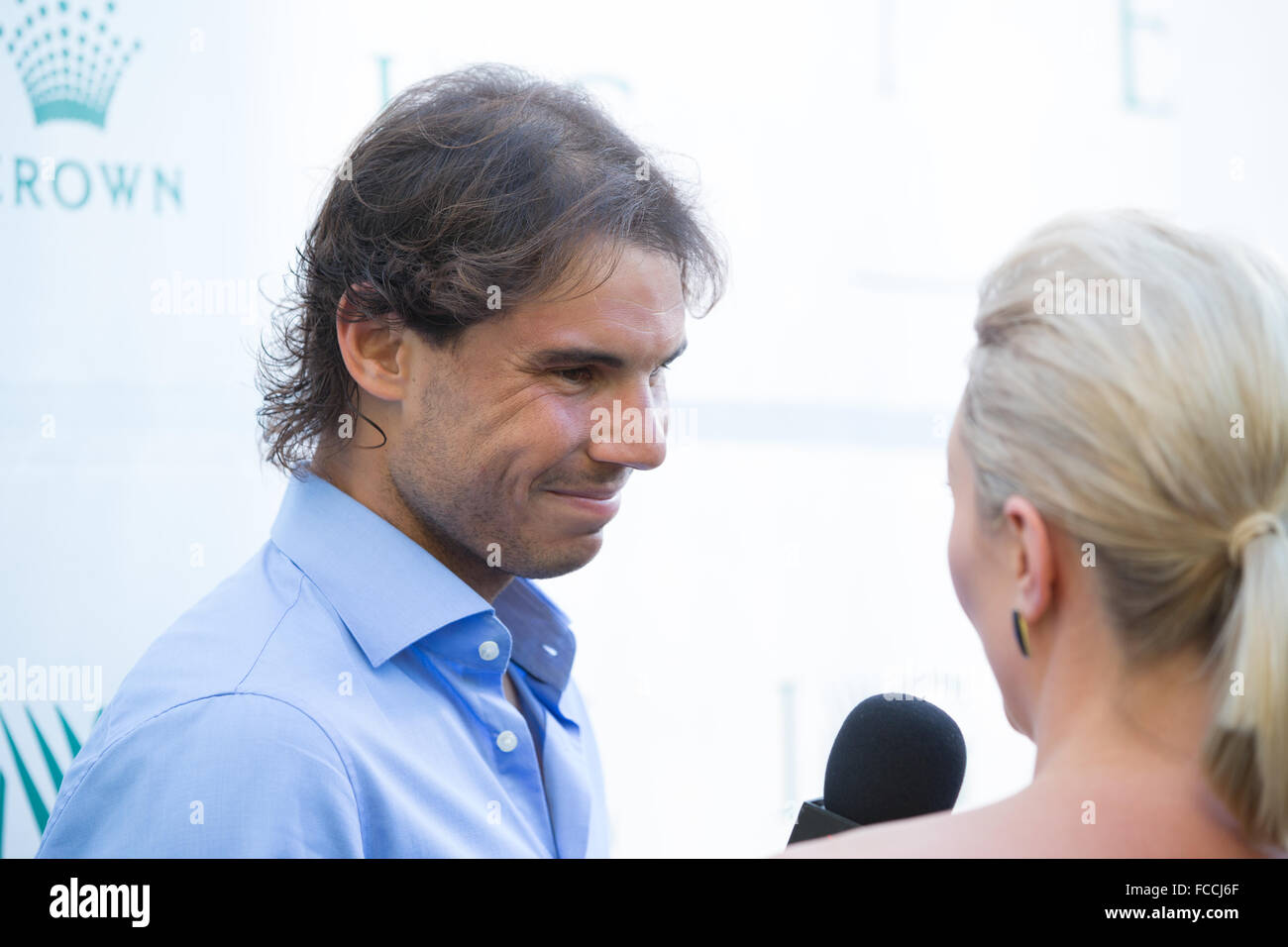 Rafael Nadal presso l'Australian Open di tennis della parte a corona, Melbourne, Australiia on gennaio 17, 2016. Foto Stock