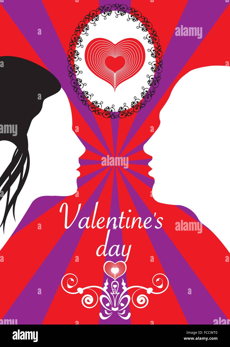 Design piatto, il giorno di San Valentino poster : amanti circa al bacio sotto un cuore Illustrazione Vettoriale