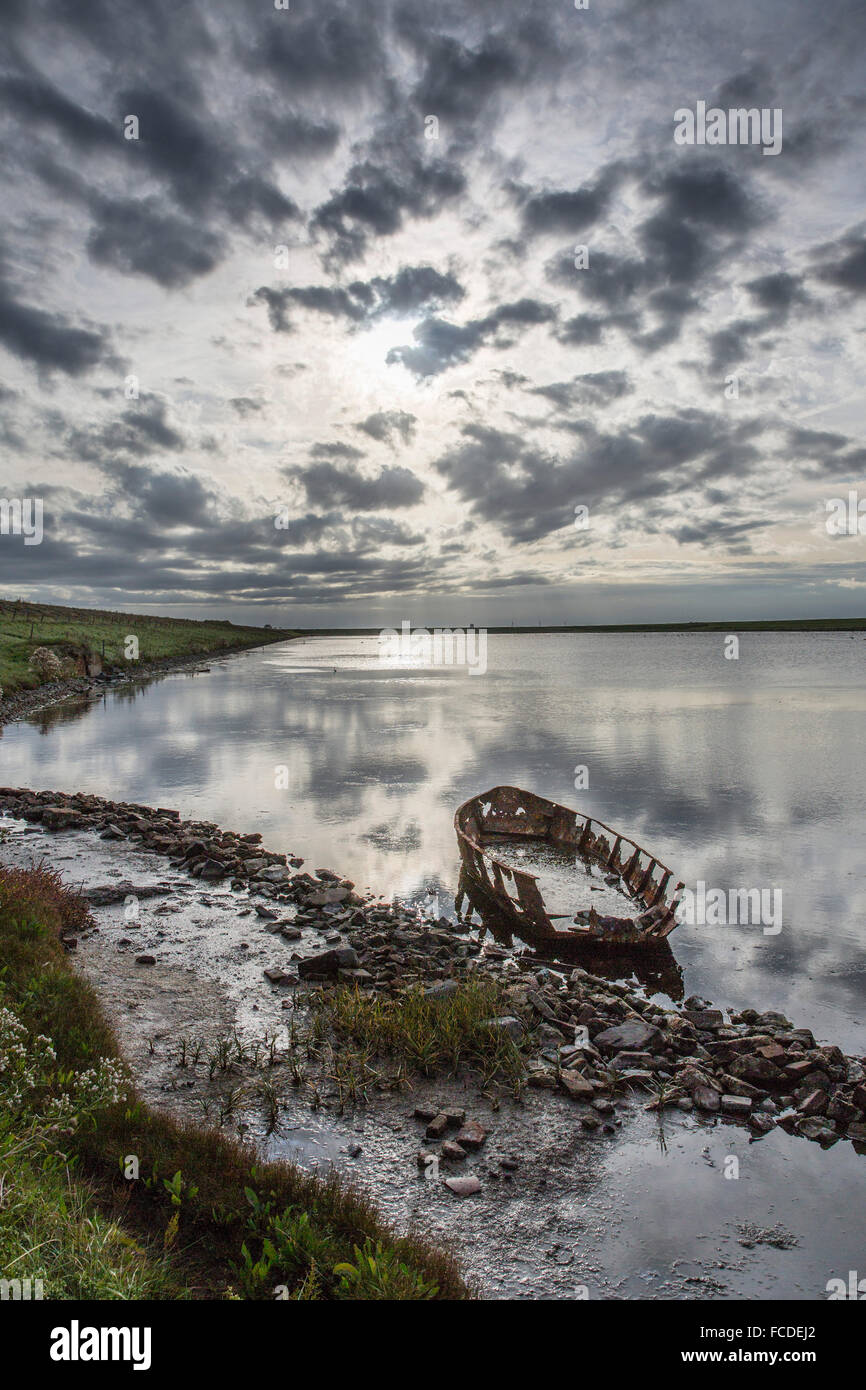 Paesi Bassi, Kerkwerve, riserva naturale Prunje, parte del Parco Nazionale di Oosterschelde. Relitto di una piccola imbarcazione Foto Stock