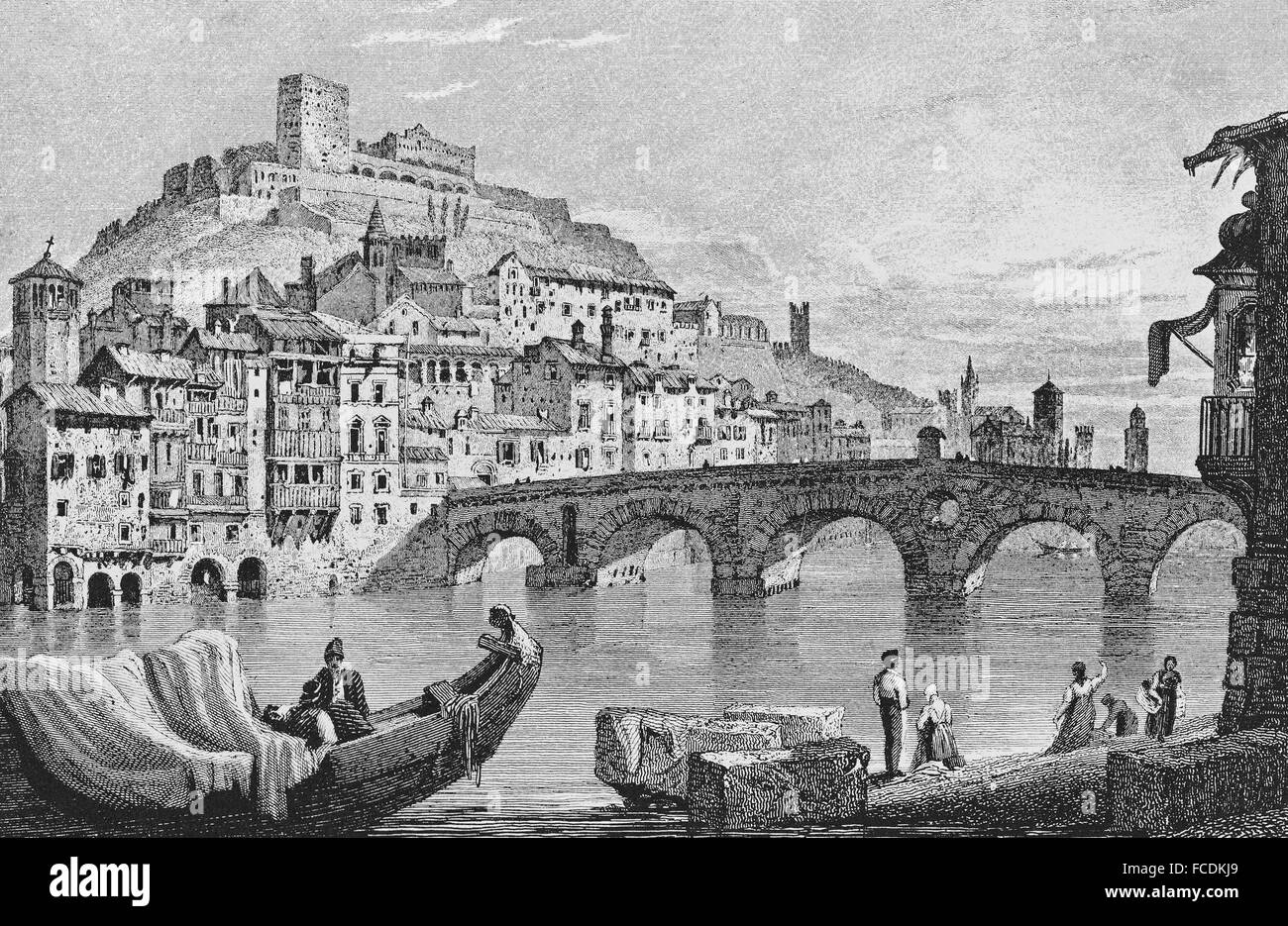 Paesaggio urbano storico, acciaio incisione, intorno al 1825, Verona, Italia Foto Stock