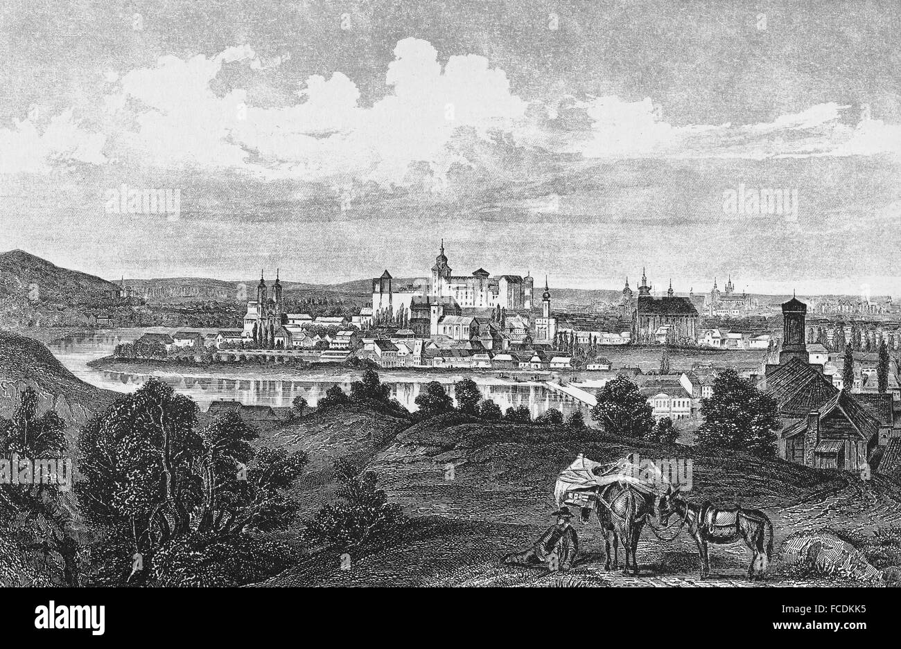 Paesaggio urbano storico, acciaio incisione, Cracovia nel 1850, Polonia Foto Stock