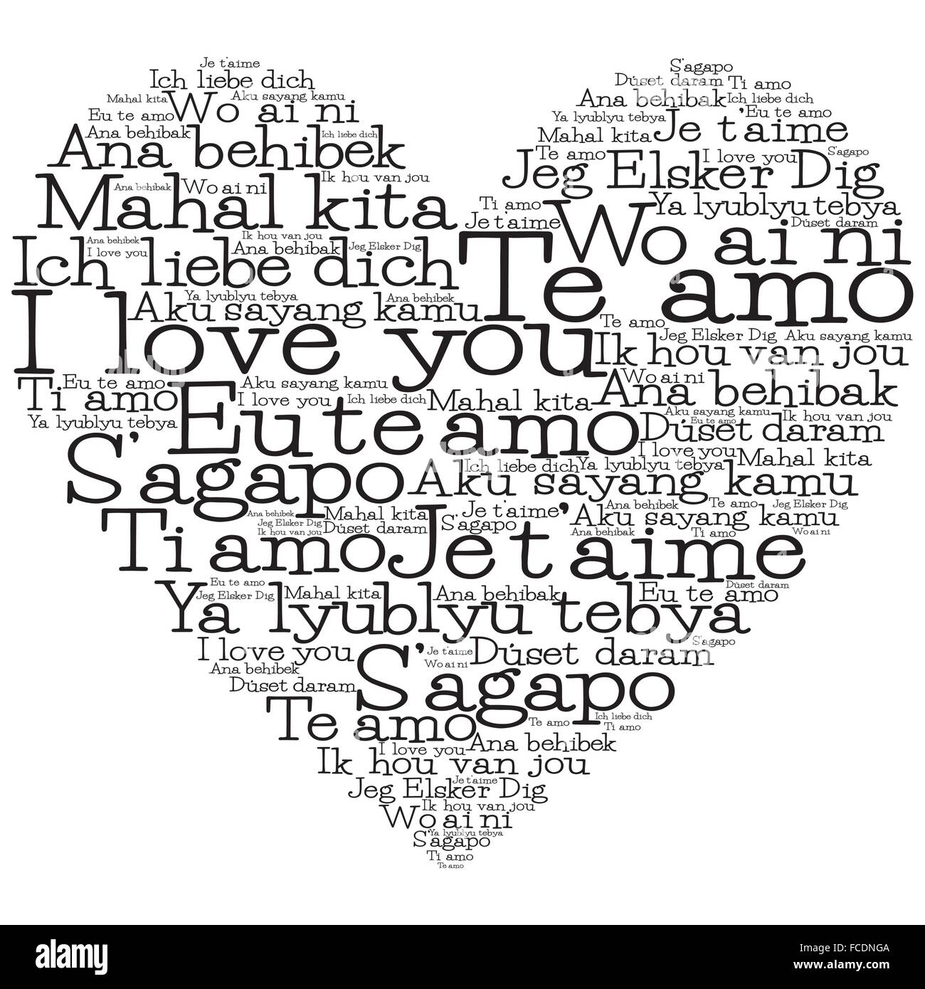 Amore cuore realizzato da "ti amo" in 15 lingue diverse Illustrazione Vettoriale