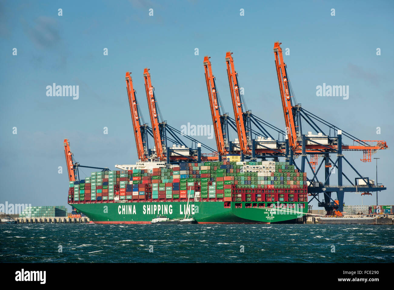 Paesi Bassi, Rotterdam. Porto di Rotterdam. Maasvlakte 2 porta. Contenitore più grande nave al mondo. Globo di CSCI da Hong Kong Foto Stock