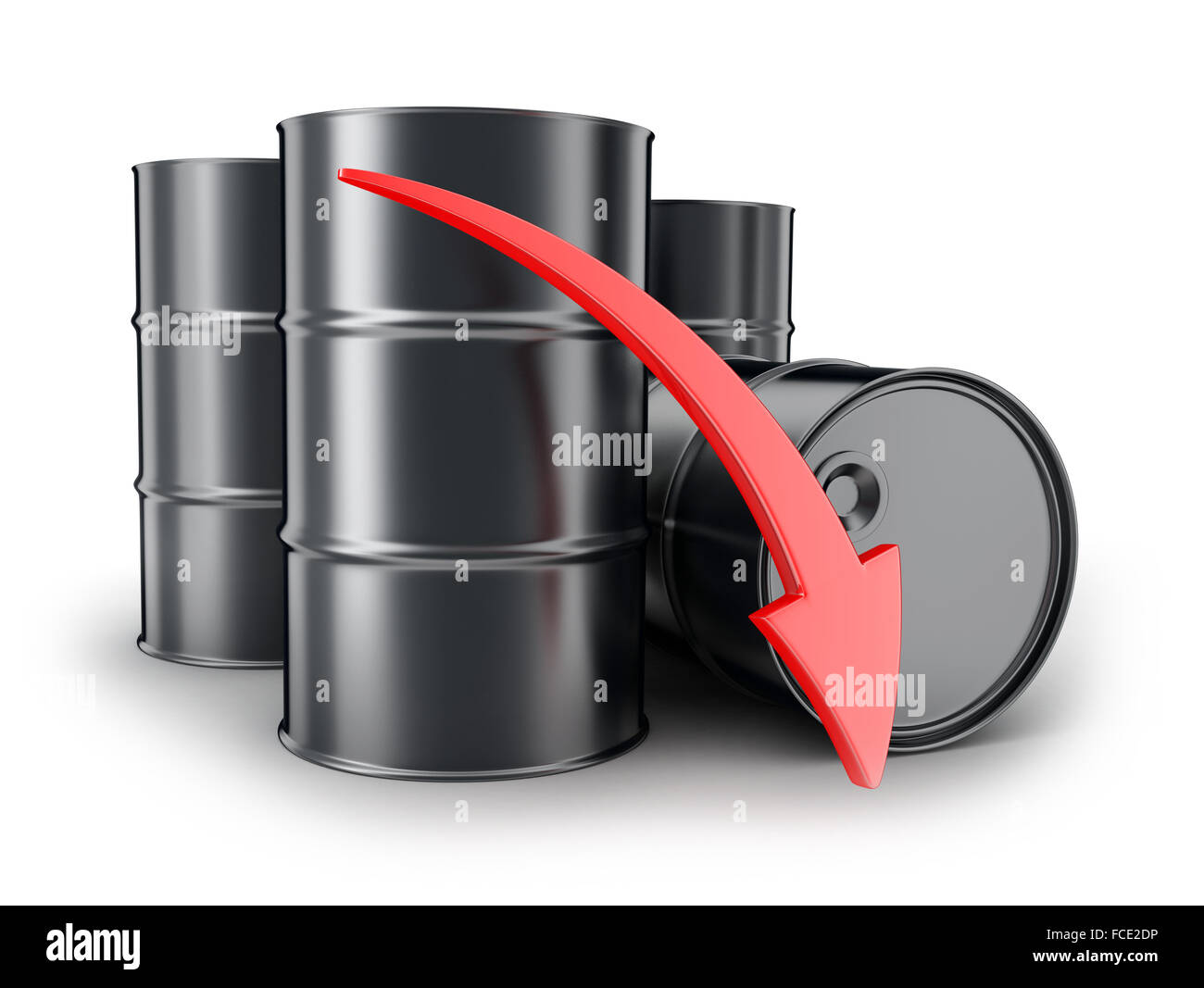 Il petrolio, la freccia verso il basso (su sfondo bianco,fatto in 3d) Foto Stock
