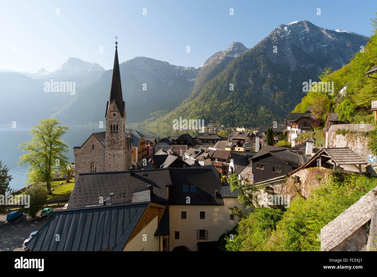 Hallstatt al lago Hallstatt, Austria Alpi Foto Stock