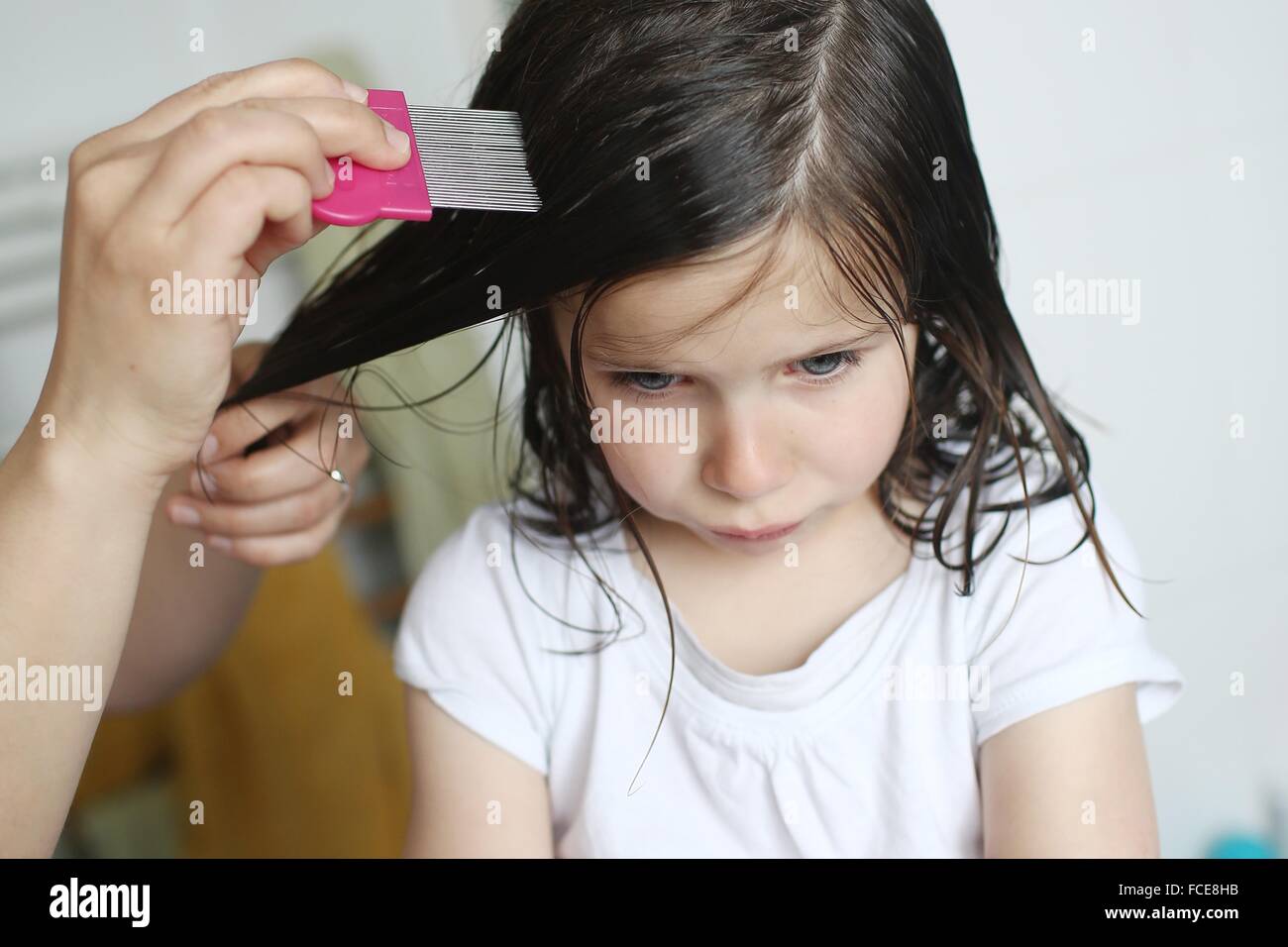 Una madre passa a i pidocchi pettine nei capelli dei suoi 6 anni ragazza Foto Stock