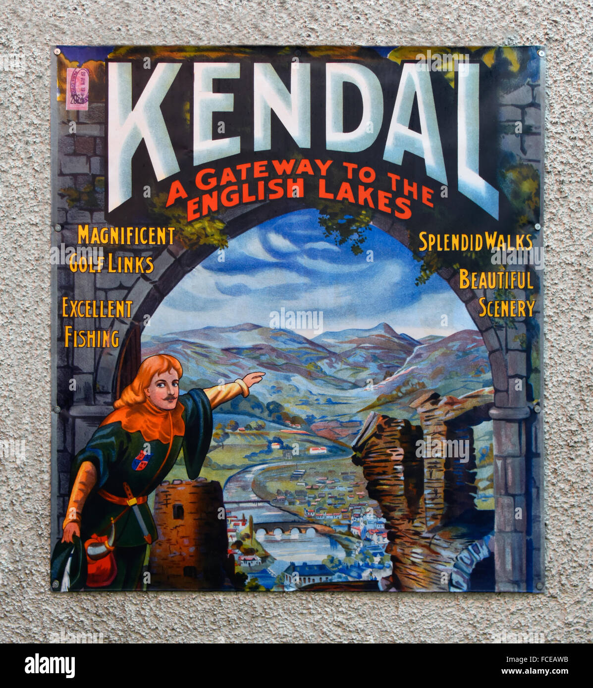 Kendal pubblicità segno. Wainwright's Yard, Kendal Cumbria, England, Regno Unito, Europa. Foto Stock