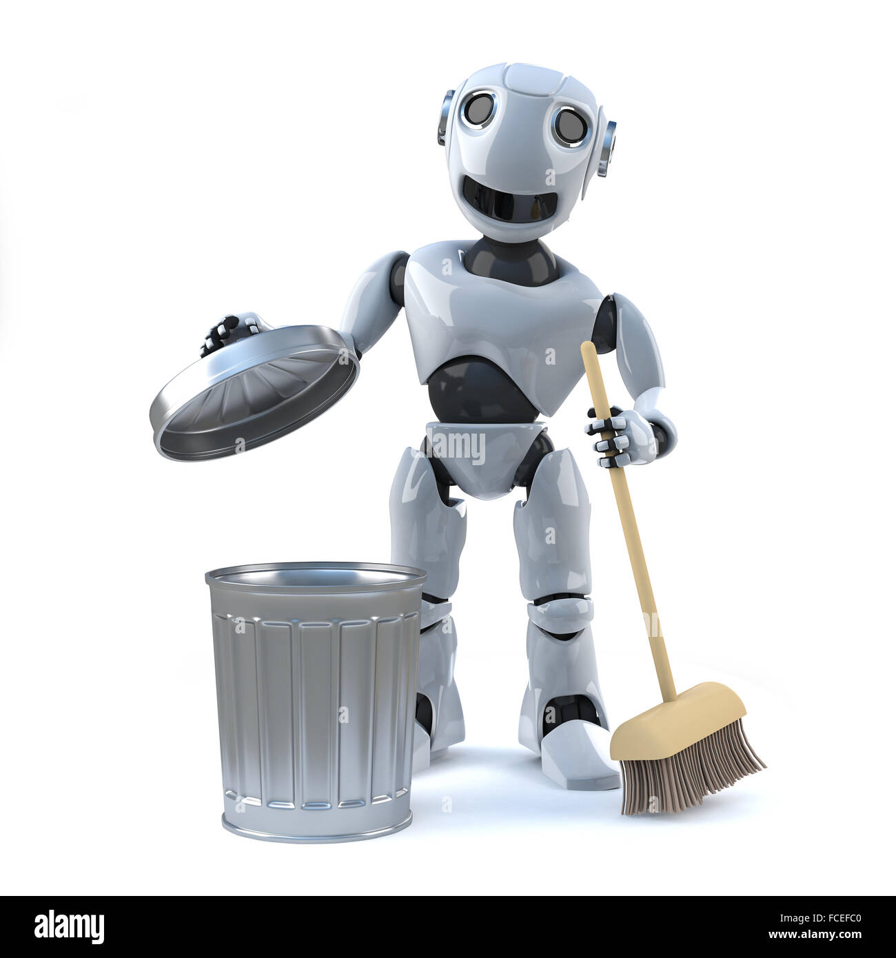 3D render di un robot con una scopa e spazzatura Foto stock - Alamy