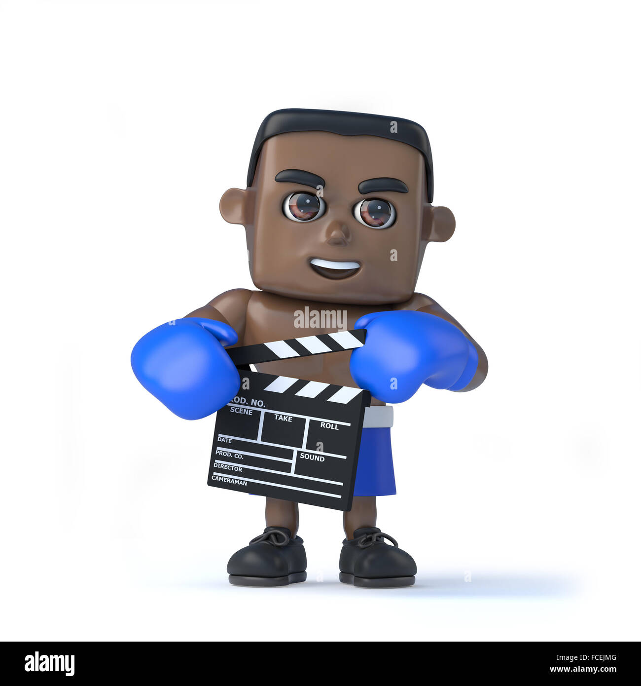 3D render di un pugile nero tenendo un clapperboard. Foto Stock