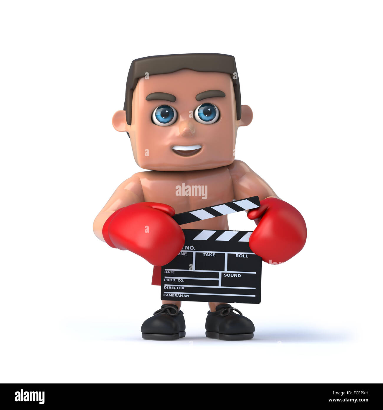 3D render di un boxer tenendo un clapperboard. Foto Stock