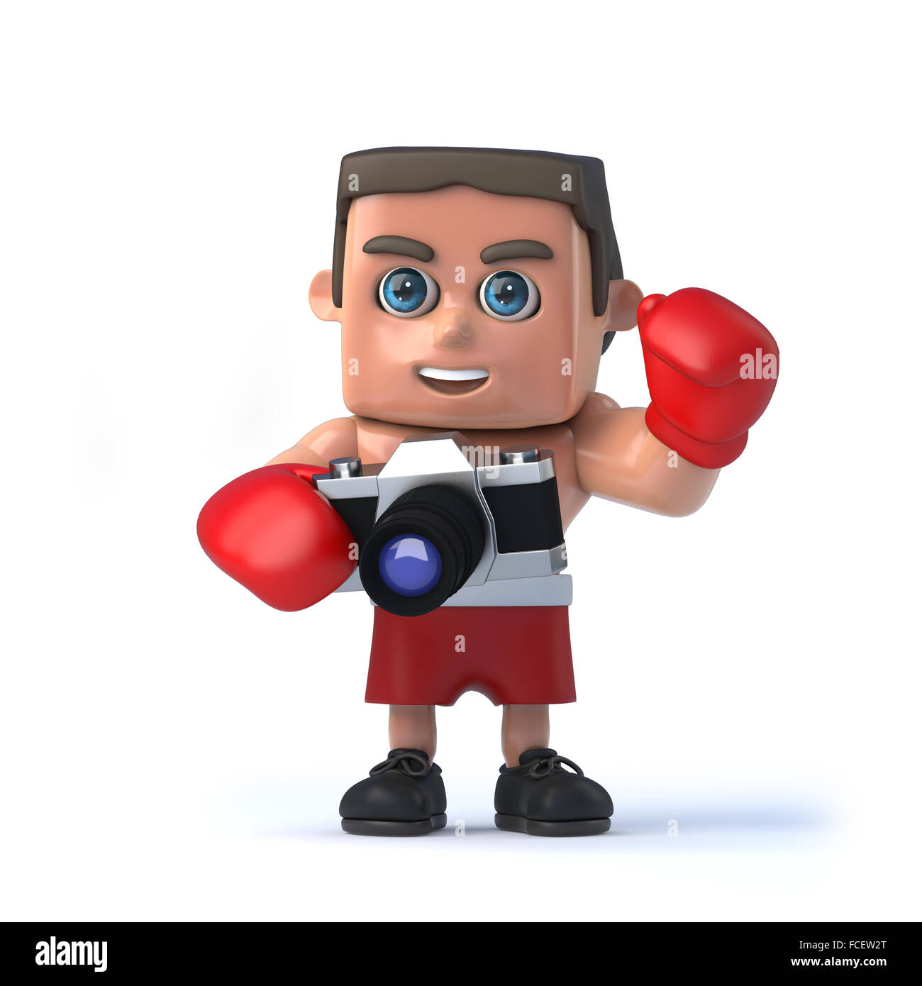 3D render di un boxer in possesso di una fotocamera. Foto Stock