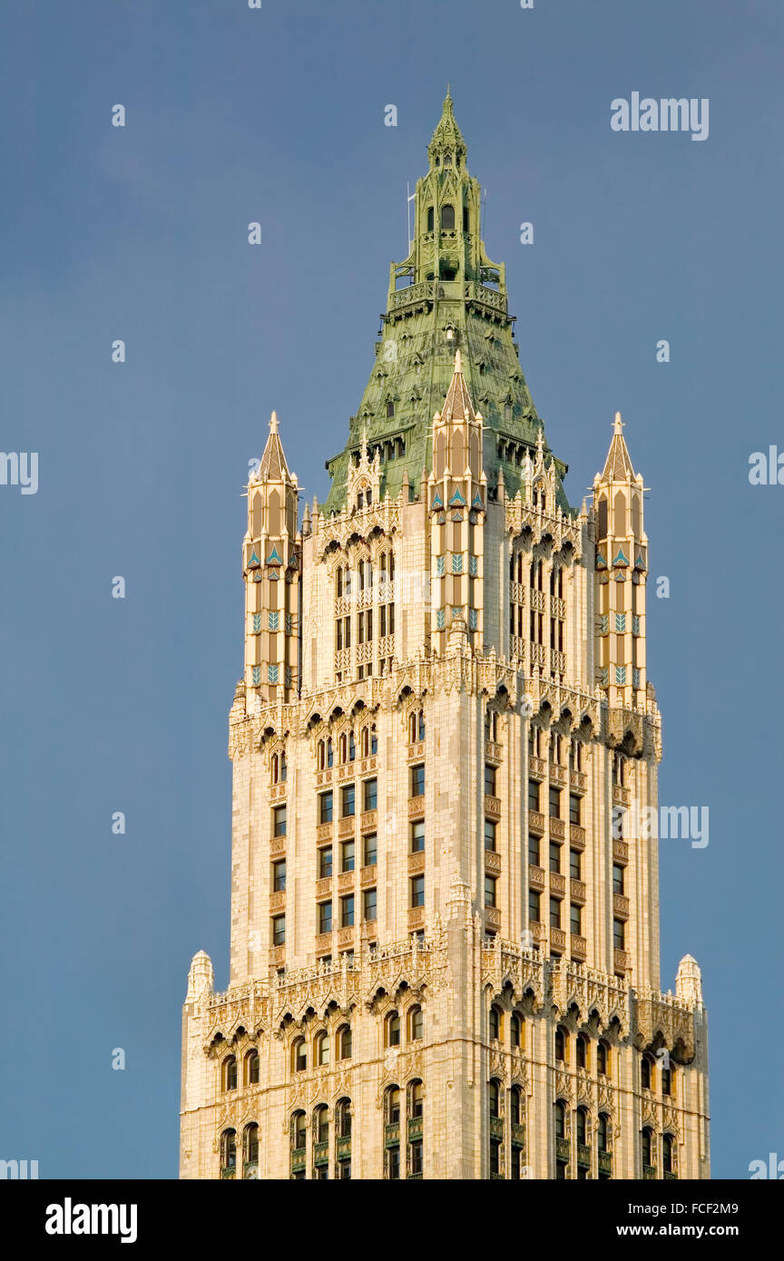 Woolworth Building, neo-gotico con facciata in cotto ornamento e tetto in rame, Lower Manhattan, New York City Foto Stock