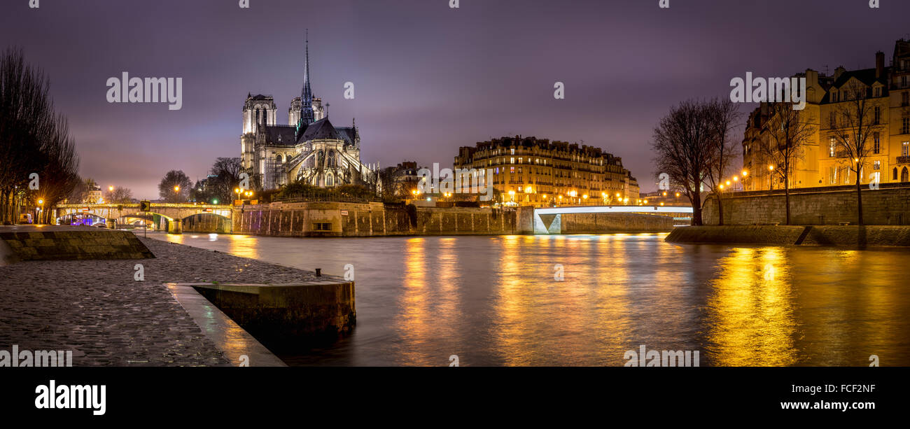 Panoramica serale della cattedrale di Notre Dame de Paris su Ile de la Cite con le luci della città che riflette sul Fiume Senna. Francia Foto Stock