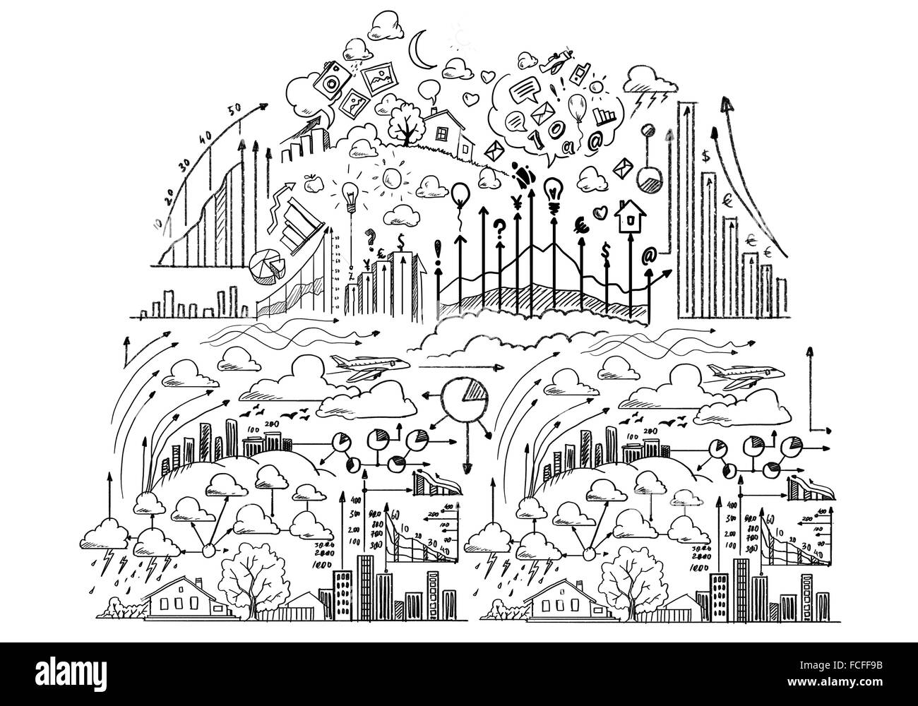 Stretta di mano aprendo la tenda bianca con schizzi di business dietro Foto Stock