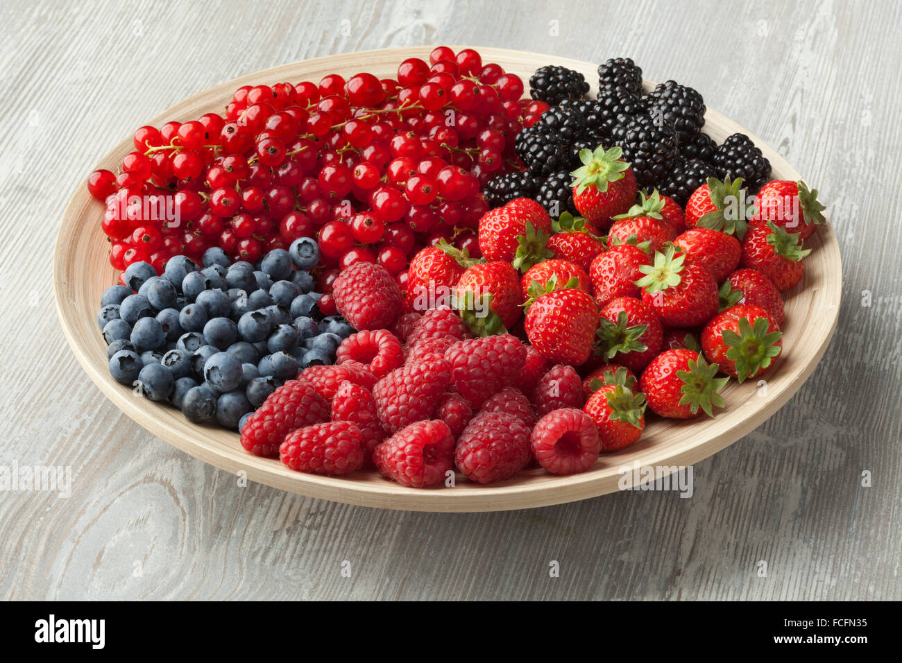 Frutta estiva fresca su una piastra,mirtilli,Fragole,ribes rosso,lamponi e more Foto Stock