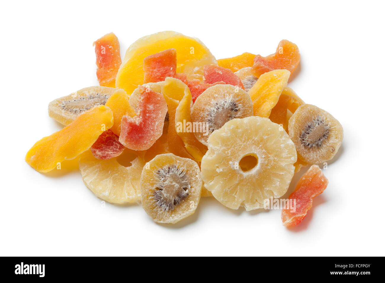 Frutta secca e candita su sfondo bianco Foto Stock