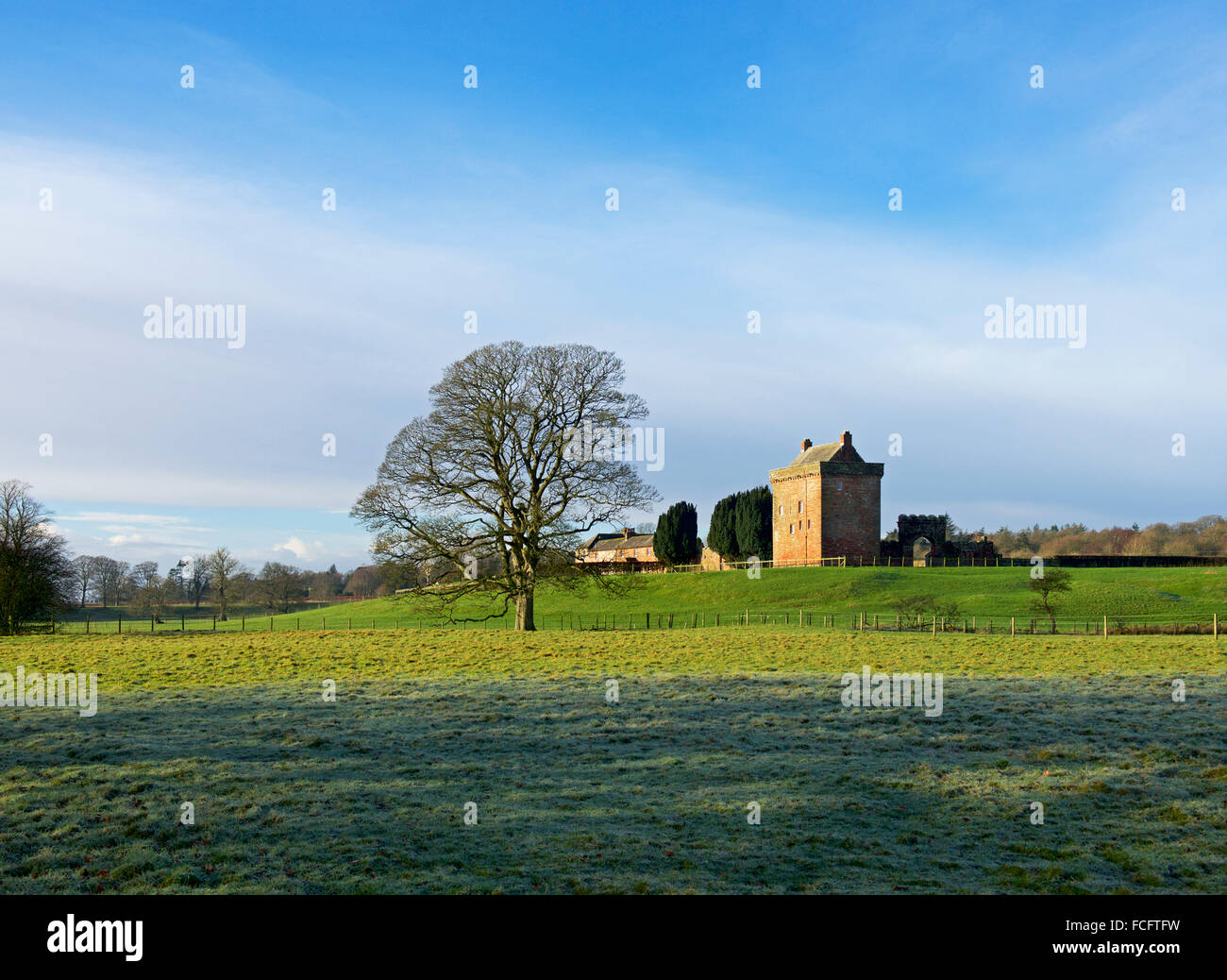 Torre Kirkandrews, casa fortificata a Kirkandrews-su-Esk, Cumbria, England Regno Unito Foto Stock