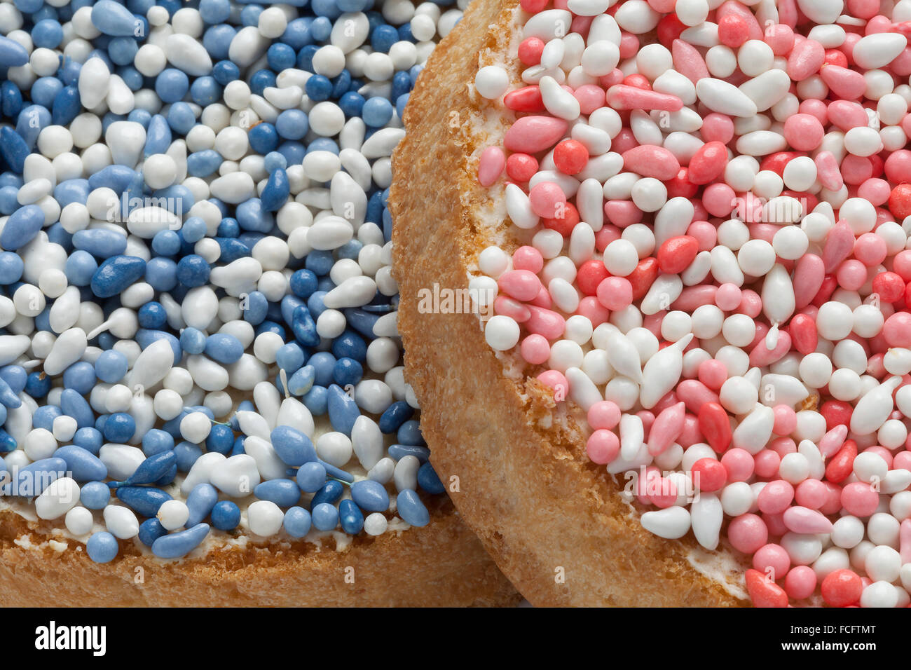 "Beschuit met muisjes, un tradizionale trattamento per festeggiare la nascita di un bambino nei Paesi Bassi. Spruzzi di rosa per una ragazza, blu Foto Stock