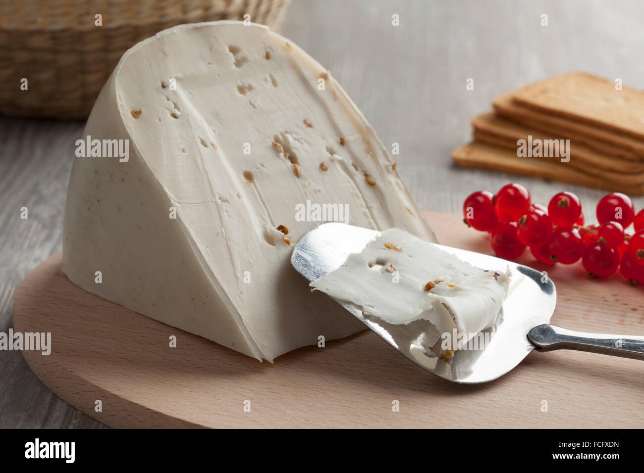 Olandese di formaggio di capra con semi di coriandolo e di fieno greco con un'affettatrice come dessert Foto Stock