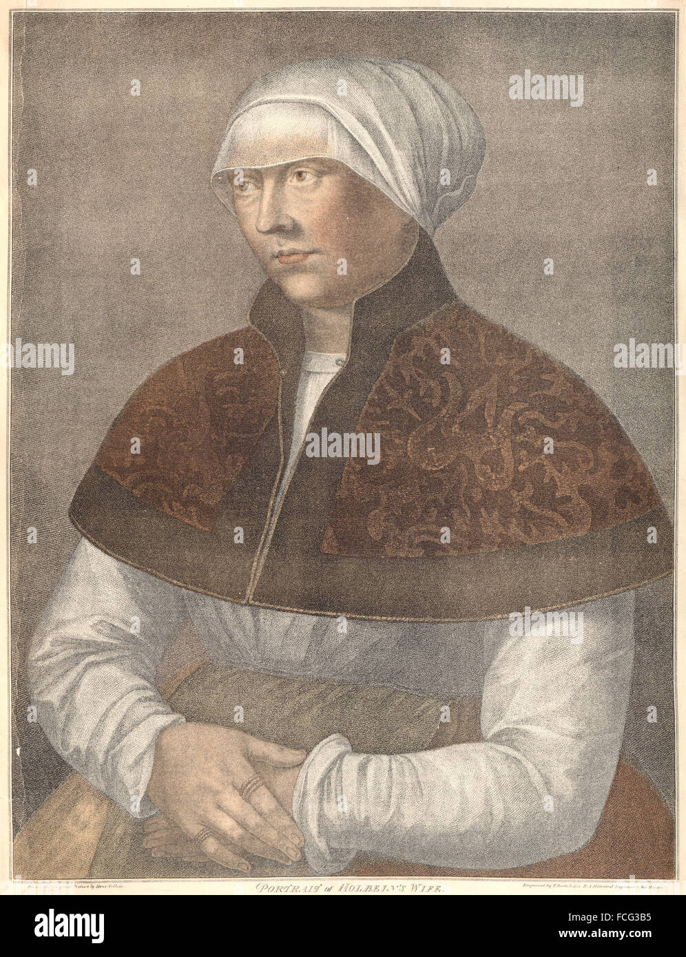 HOLBEIN-Henry VIII CORTE: Ritratto di Holbein la moglie (Bartolozzi) , Stampa 1884 Foto Stock