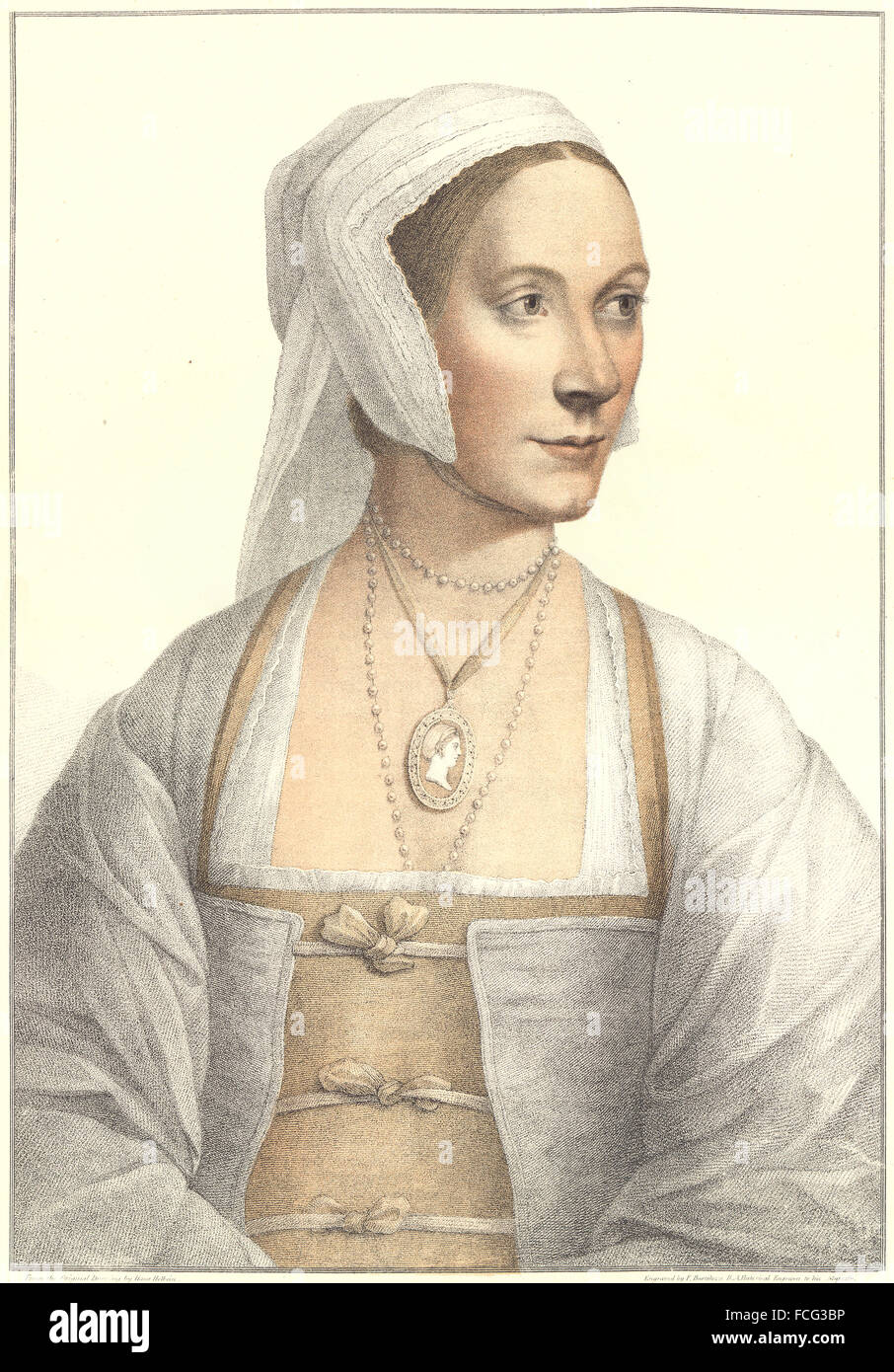 HOLBEIN-Henry VIII CORTE: Marie Anne Bourlier (Bartolozzi) , antica stampa 1884 Foto Stock