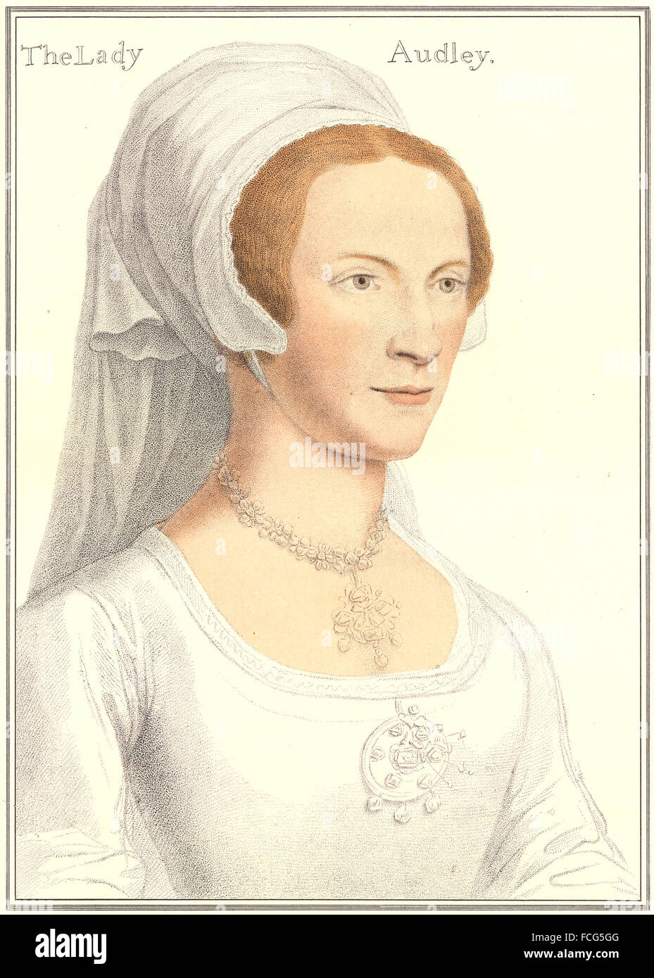HOLBEIN-Henry VIII CORTE: la signora Audley (Bartolozzi) , antica stampa 1884 Foto Stock