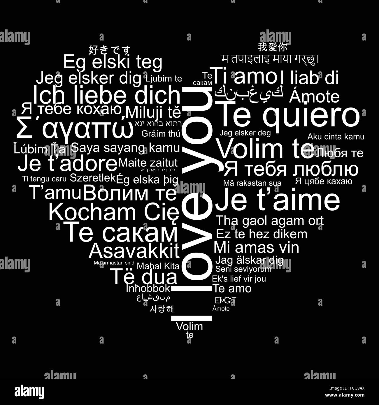 Ti amo tag cloud la forma come un cuore Illustrazione Vettoriale