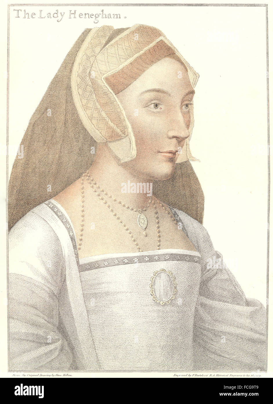 HOLBEIN-Henry VIII CORTE: Maria, la signora Henegham(Bartolozzi) , antica stampa 1884 Foto Stock