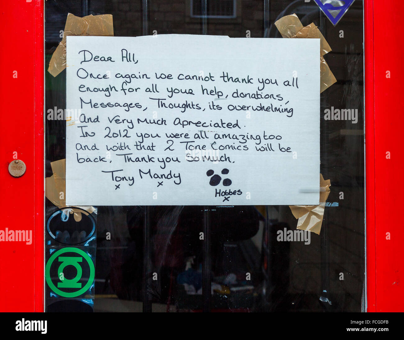 Ringrazio i messaggi provenienti da alcuni dei proprietari di negozi colpiti dalla "Boxing Day' inondazioni in Hebden Bridge Foto Stock