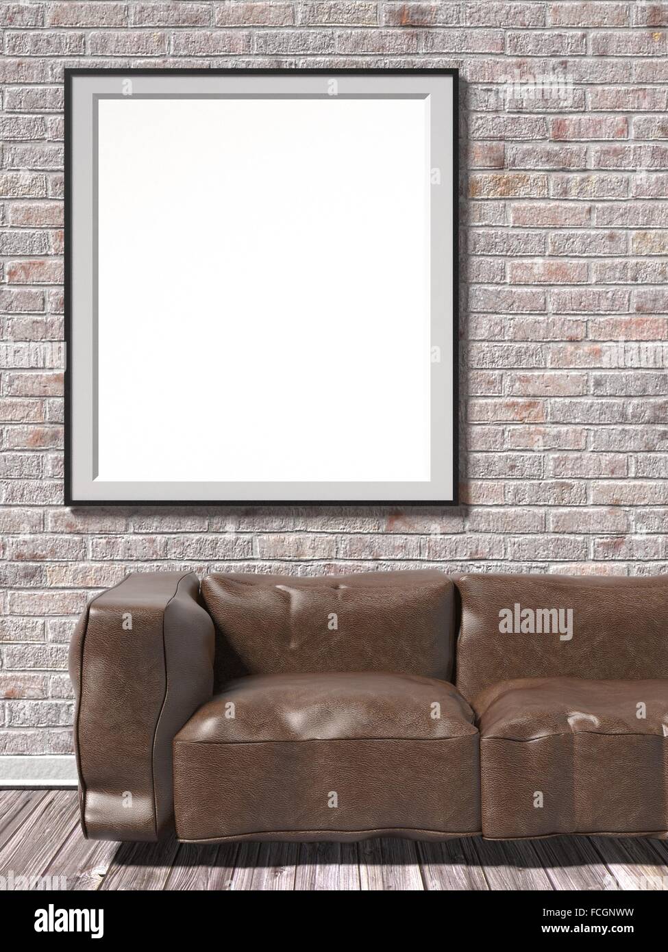 Mock up white empty picture frame con divani in pelle marrone. 3D render illustrazione Foto Stock
