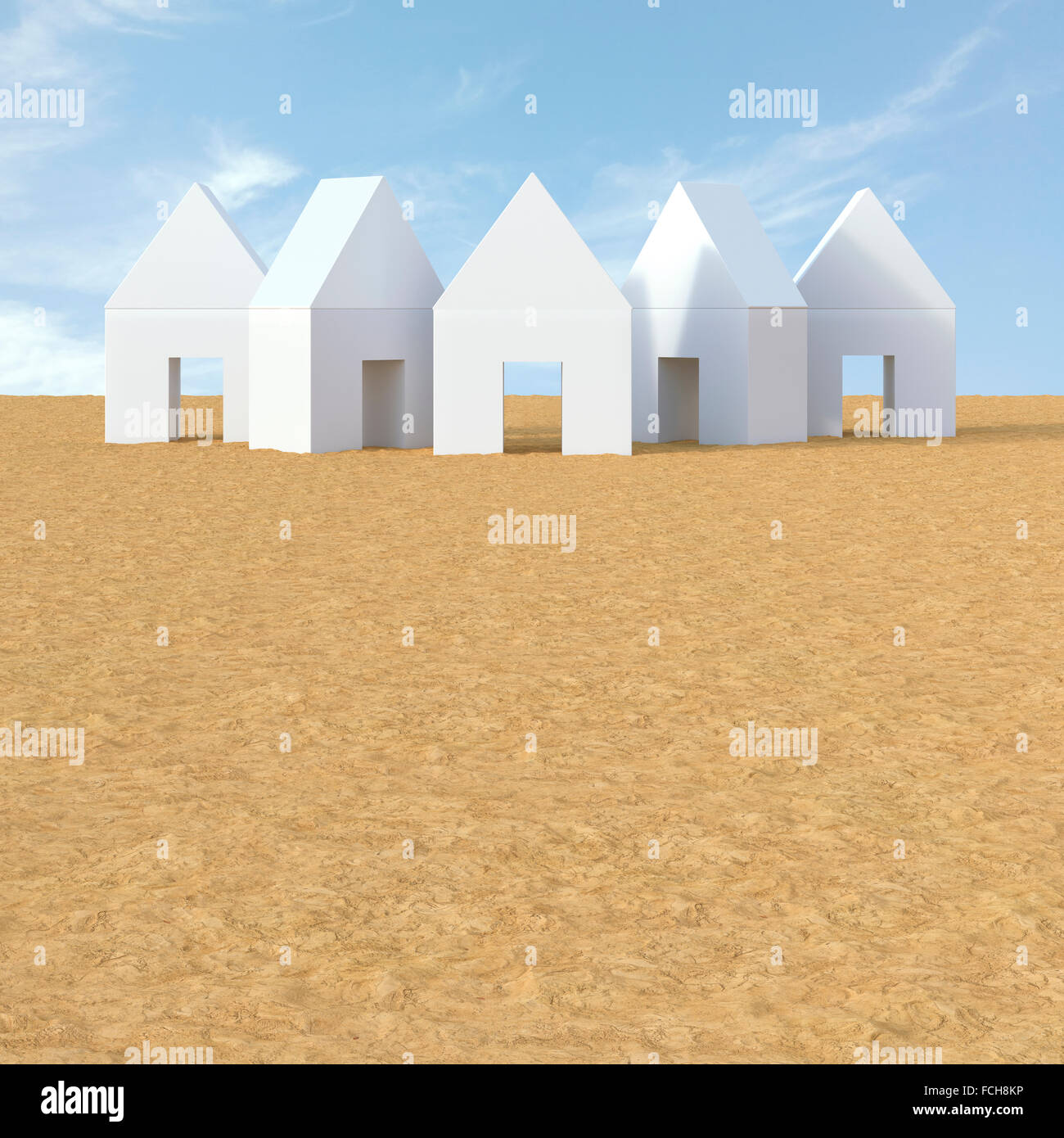 3d'Illustrazione, case bianche sulla spiaggia di sabbia Foto Stock