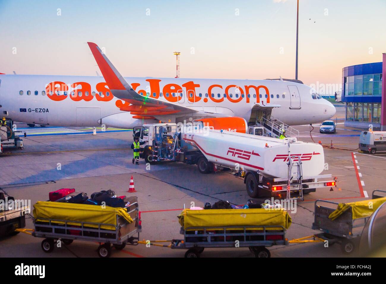Illustrazione di compagnie aeree a basso costo, EASY JET, Berlino, Germania Foto Stock