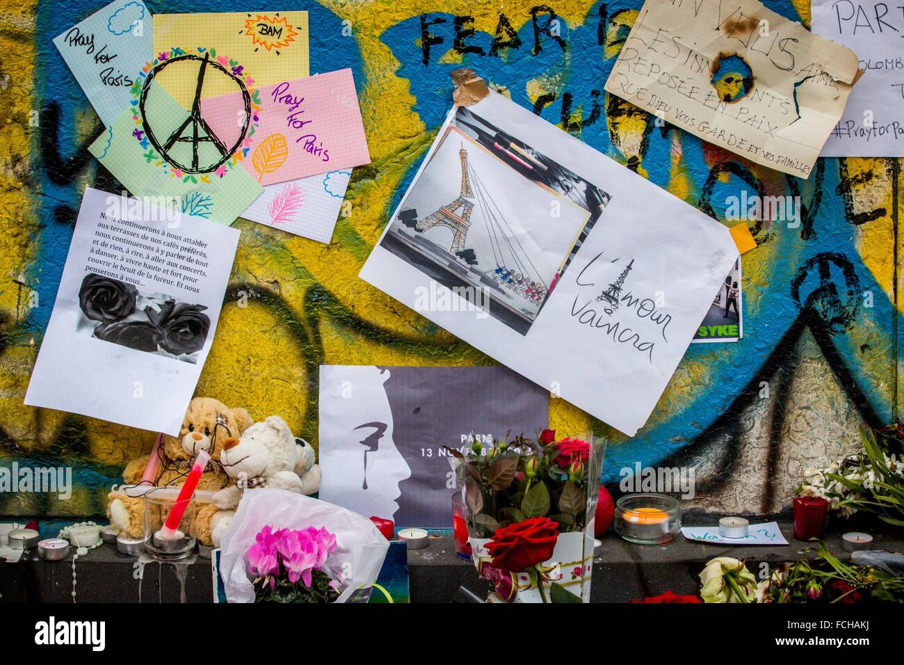 Parigi attentati terroristici commessi da membri di Iside, Stato islamico, undicesimo arrondissement di Parigi (75), ILE DE FRANCE, Francia Foto Stock