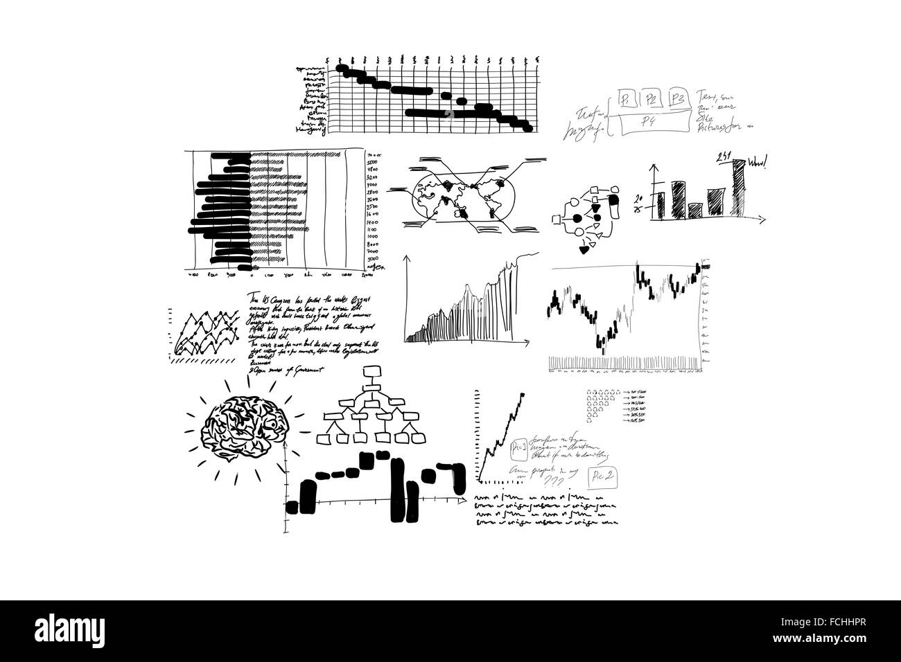 Sfondo immagine concettuale con business schizzi e diagrammi Foto Stock