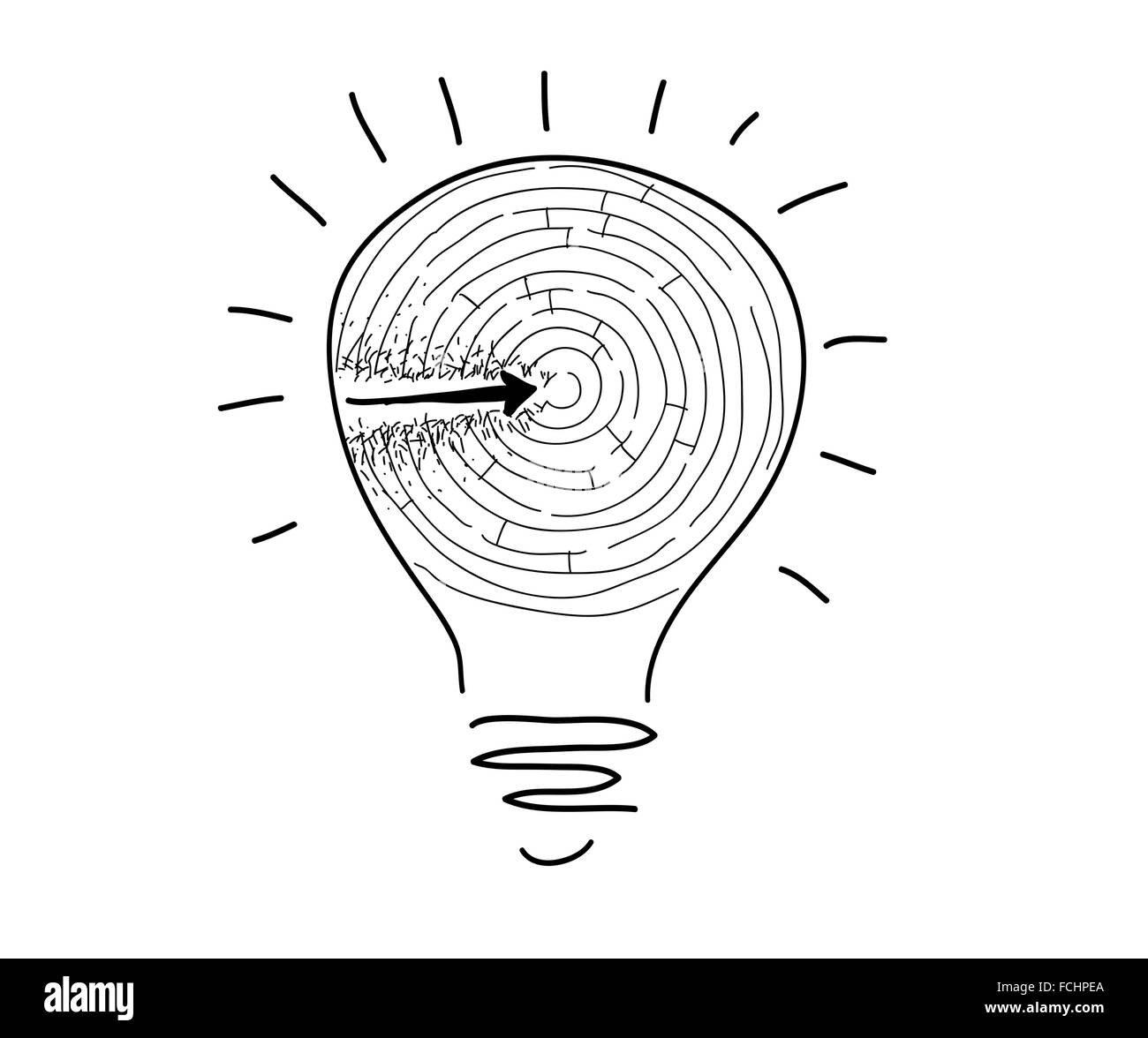 Immagine concettuale con tracciata la lampadina della spia e il labirinto Foto Stock