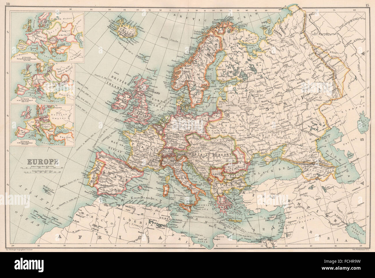 Europa: Inset al tempo di Carlo Magno, Carlo V (16C) & Napoleone, 1891 Mappa Foto Stock