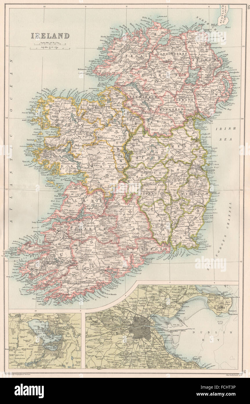 Irlanda: Mostra province & contee. Inset Dublin & Killarney, 1891 mappa vecchia Foto Stock