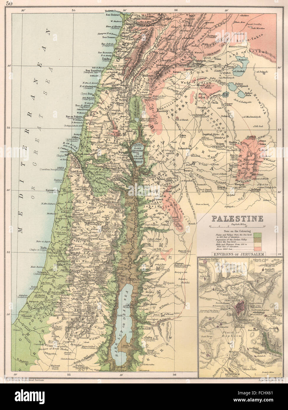 Palestina fisico: rilievo. Inset Gerusalemme dintorni. Bartolomeo, 1891 Mappa Foto Stock