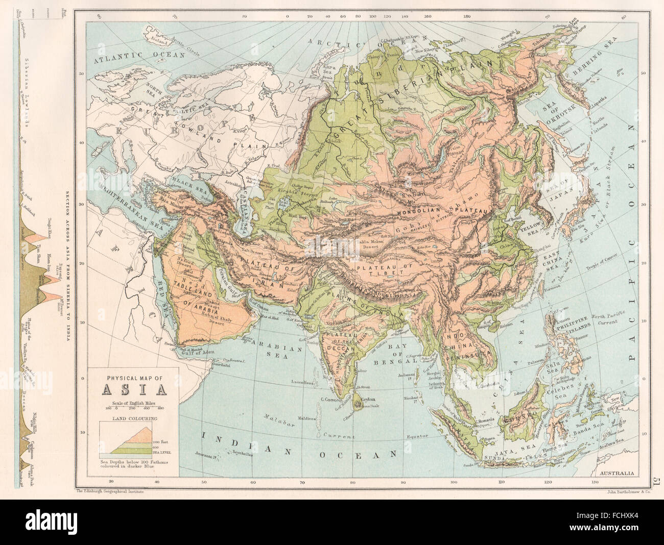 ASIA FISICO: funzioni chiave. La Siberia in India sezione. Bartolomeo, 1891 Mappa Foto Stock