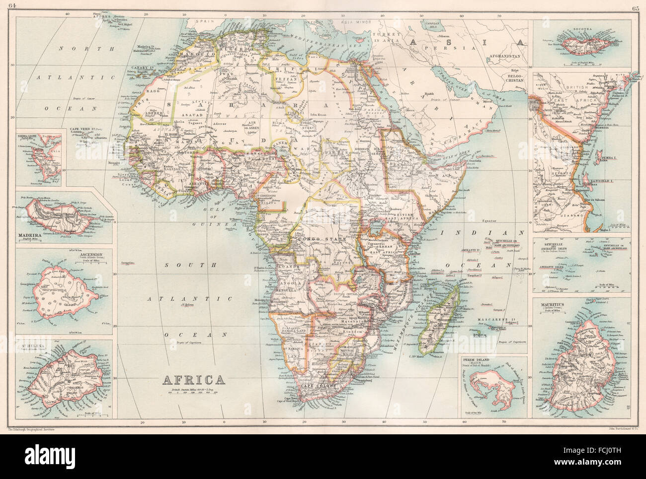 AFRICA/ISOLE:Madera St.Helena Socotra Zanzibar Seychelles Mauritius, 1891 Mappa Foto Stock