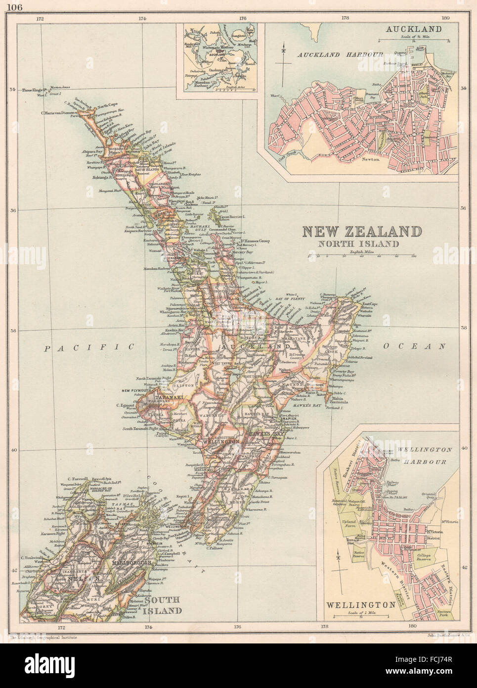 Nuova Zelanda Isola del nord: mostra le contee. Auckland e Wellington, 1891 Mappa Foto Stock